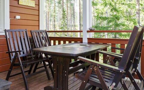 Otsopirtti, Maria: Furniture, Chair, Outdoor Furniture, Table, Wood, Outdoor Table, Kitchen & Dining Room Table, Shade, Garden, Umbrella