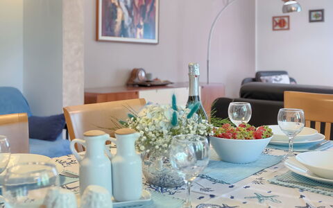 Corina: Blue, Room, Turquoise, Dining Room, Interior Design, Table, Property, Furniture, Living Room, Home