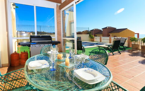 Villa Jazmin: Blue, Yellow, Balcony, Wood Stain, Hotel, Houseplant