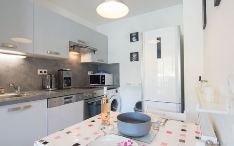 Carqueiranne 101: Room, Interior Design, Ceiling, Floor, Countertop, Light Fixture, Dishware, House, Kitchen, Interior Design