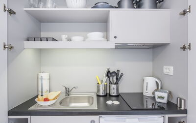 Camping Galeb 200.1: Room, White, Shelving, Dishware, Serveware, Kitchen Sink, Kitchen, Shelf, Plumbing Fixture