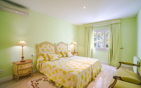 Villa Can Mandol: Bedroom, Room, Furniture, Property, Bed, Interior Design, Green, Yellow, Bed Sheet, Bed Frame