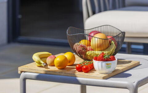 Grande: Table, Furniture, Food, Tableware, Fruit, Orange, Yellow, Wood, Dishware