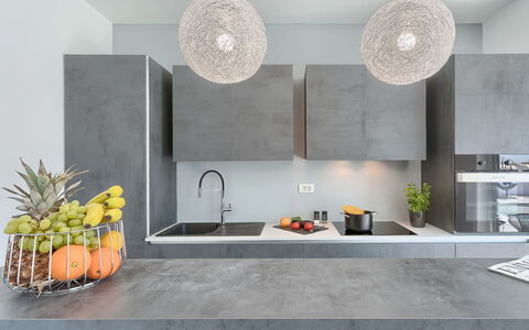 Ella Premantura: White, Countertop, Room, Tile, Floor, Interior Design, Property, Furniture, Kitchen, Wall