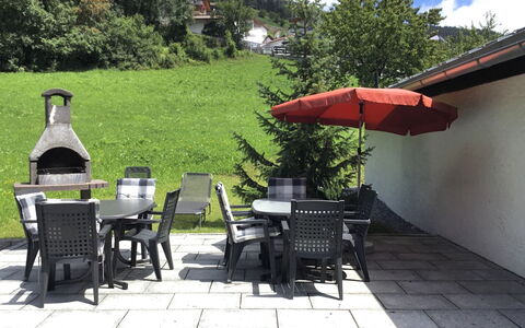 Jagdhaus Biedenegg: Table, Property, Furniture, Cloud, Sky, Plant, Umbrella, Chair, Shade, Outdoor Table