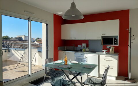Les Epinettes: Cabinetry, Property, Building, Furniture, Countertop, Table, Chair, Interior Design, Kitchen, Lighting