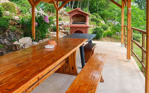 Marija: Property, Table, Plant, Building, Wood, Tree, Shade, Wood Stain, Outdoor Furniture, Natural Landscape