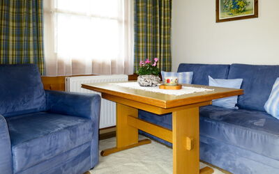 Bauernhof Hallmoos (War107) 617.4: Furniture, Room, Coffee Table, Blue, Table, Interior Design, Property, Living Room, Curtain, Floor