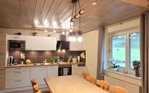 Bergfried: Interior Design, Furniture, Light Fixture, Flooring, Wood, Ceiling, Kitchen, Countertop, Floor, Kitchen & Dining Room Table