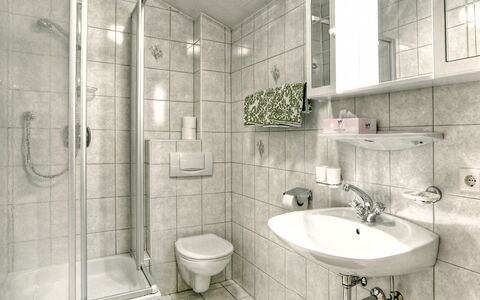 Landhaus Heim: Bathroom, Property, Room, Tile, Interior Design, Architecture, Plumbing Fixture, Building, Floor, House
