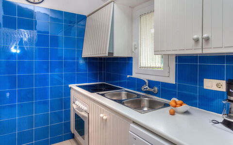Villa Blanca Feliu: Property, Room, Blue, Bathroom, Tile, Real Estate, Interior Design, Cabinetry, Building, Furniture