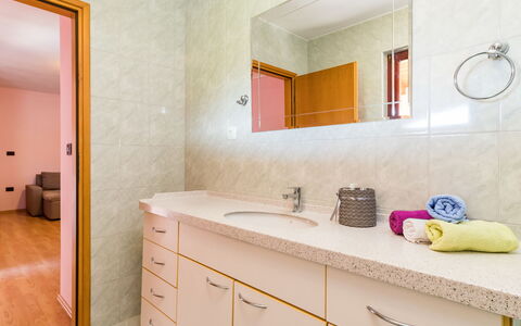 Poreč 607: Bathroom, Room, Property, Interior Design, Wall, Tile, Furniture, Yellow, Floor, Real Estate