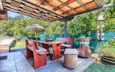 Viliam: Furniture, Outdoor Furniture, Wood, Table, Outdoor Table, Chair, Garden, Shade, Resort, Backyard