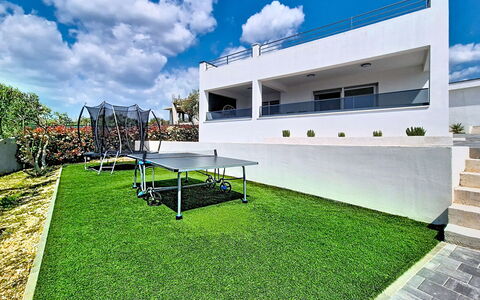 Ria with Heated Pool: Garden, Lawn, Artificial Turf, Landscaping, Shade, Yard, Backyard, Courtyard, Carpet