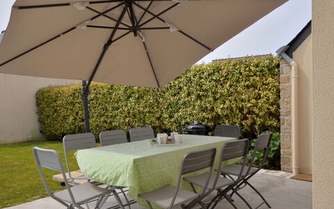 Les Volets Bleus: Table, Furniture, Plant, Property, Chair, Building, Shade, Umbrella, Outdoor Furniture, Outdoor Table