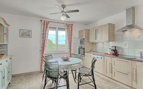 La Roseraie: Cabinetry, Furniture, Property, Countertop, Table, White, Wood, Interior Design, Kitchen, Ceiling Fan