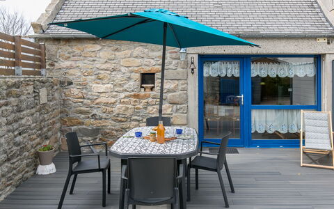 Ty Kerveal: Table, Furniture, Building, Chair, Outdoor Table, Shade, Outdoor Furniture, Wood, Window, Cottage