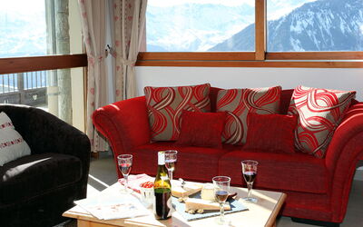Chalets des Cimes 622.2: Living Room, Furniture, Couch, Room, Red, Property, Interior Design, Coffee Table, Table, House