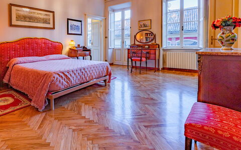 Dimora Berchiatti: Furniture, Wall, Interior Design, Bedroom, Bed, Flooring, Bed Sheet, Floor, Room, Bedding
