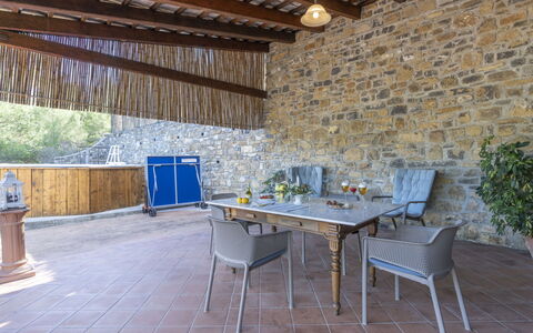 Villa Matisse: Table, Furniture, Property, Chair, Wood, Outdoor Furniture, Interior Design, Kitchen & Dining Room Table, Flooring, Outdoor Table