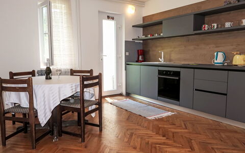 Mošćenička Draga 619: Furniture, Flooring, Interior Design, Floor, Wood, Wood Flooring, Cabinetry, Ceiling, Kitchen & Dining Room Table, Kitchen