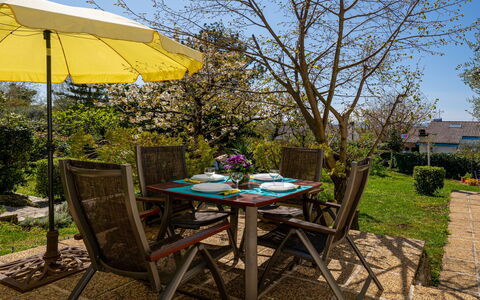Krk Njivice 617: Furniture, Chair, Outdoor Furniture, Table, Kitchen & Dining Room Table, Outdoor Table, Garden, Shade, Patio, Restaurant