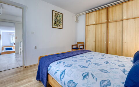 Krk Njivice 617: Furniture, Interior Design, Floor, Flooring, Bed, Bedroom, Room, Wood, Ceiling, Bed Sheet