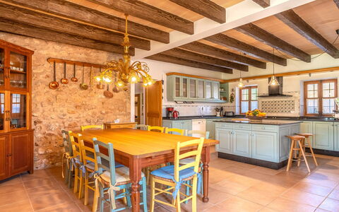 Son Viquet: Table, Furniture, Wood, Lighting, Interior Design, Chair, Floor, Beam, Flooring, Kitchen