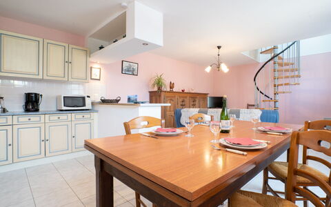 Les Azalées: Furniture, Table, Cabinetry, Property, Countertop, Wood, Chair, Interior Design, Flooring, Kitchen