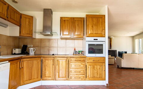 Les Oliviers: Brown, Cabinetry, Countertop, Furniture, Building, Drawer, Sink, Wood, Kitchen, Tap