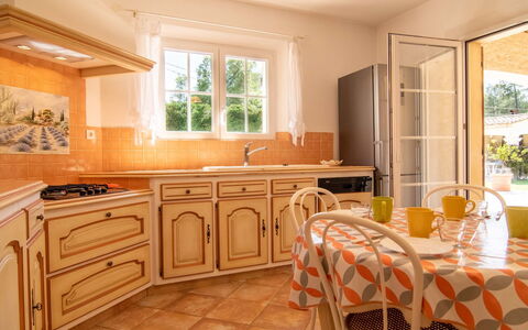 Villa Gaïa: Furniture, Cabinetry, Sink, Countertop, Window, Drawer, Wood, Kitchen, Houseplant, Interior Design