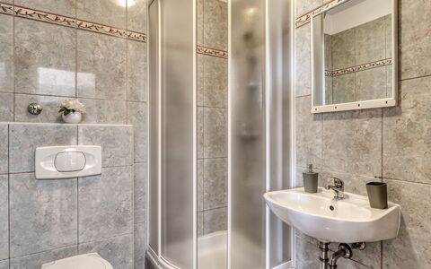 Crikvenica 724: Flooring, Floor, Interior Design, Plumbing Fixture, Room, Bathroom, Ceiling, Sink, Shower, Plumbing