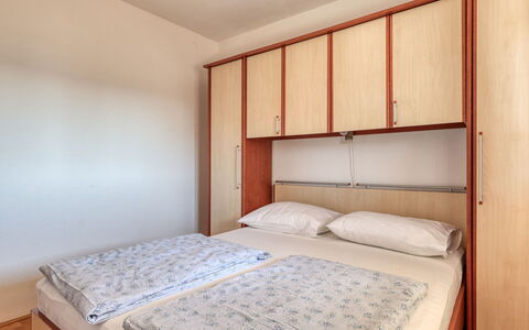 Crikvenica 724: Wood, Interior Design, Bedroom, Bed, Furniture, Floor, Room, Flooring, Apartment, Bed Sheet