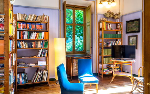 Villa Biino: Bookcase, Property, Furniture, Shelf, Picture Frame, Table, Book, Wood, Shelving, Lighting