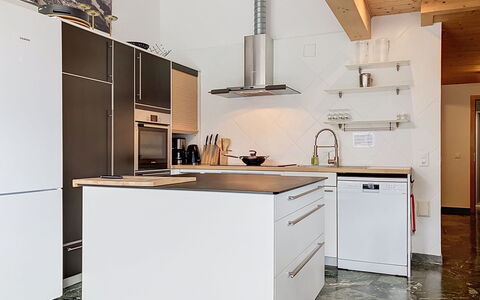 Les Cimes: Kitchen, Kitchen Appliance, Countertop, Flooring, Cabinetry, Furniture, Interior Design, Major Appliance, Wood, Floor