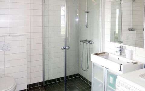 Naustet: Plumbing Fixture, Sink, Mirror, Tap, Building, Bathroom, Shower, Cabinetry, Door