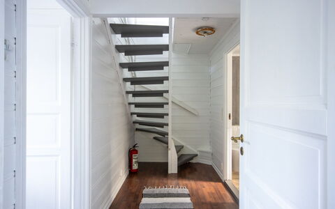 Nesjaholmen: Building, Wood, Stairs, Interior Design, Door, Flooring, Floor, House, Wood Stain