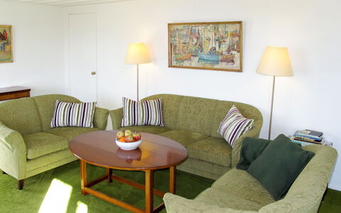 Ilandet: Table, Couch, Furniture, Picture Frame, Building, Property, Comfort, Green, Wood, Studio Couch