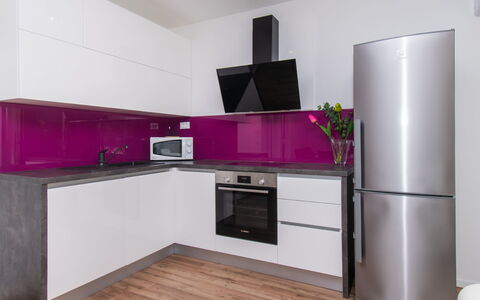 Villa Nika: Countertop, Cabinetry, Building, Furniture, Kitchen Stove, Kitchen, Product, Drawer, Purple, Tap