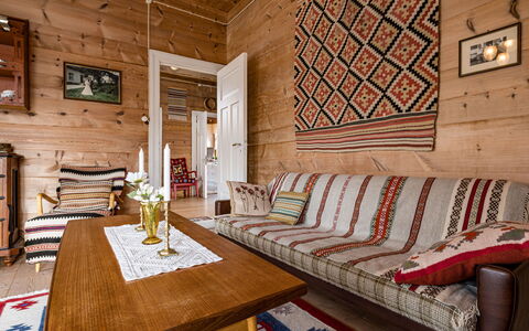 Elvehuset: Flooring, Interior Design, Floor, Furniture, Wood, Ceiling, Couch, Room, Living Room, Carpet