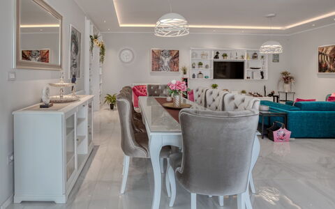 Dream House: White, Property, Room, Furniture, Interior Design, Floor, Pink, Ceiling, Building, Dining Room