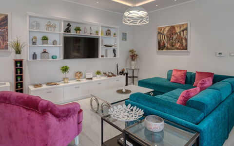 Dream House: Furniture, Room, Living Room, Interior Design, Property, Purple, Table, Turquoise, Building, Wall