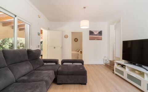 Cala Santanyí Beach House Jm: Furniture, Interior Design, Flooring, Floor, Couch, Wood, Living Room, Room, Ceiling, Wood Flooring