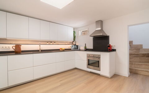 Cala Santanyí Beach House Jm: Kitchen, Interior Design, Countertop, Kitchen Appliance, Flooring, Cabinetry, Wood, Furniture, Ceiling, Major Appliance