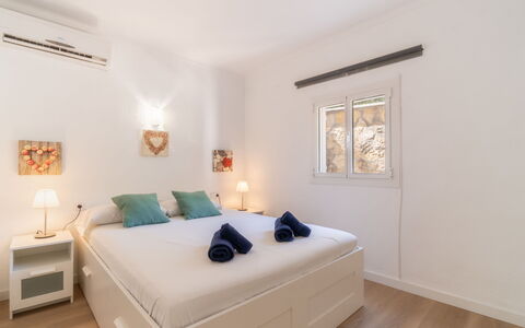 Cala Santanyí Beach House Jm: Furniture, Interior Design, Bed, Flooring, Floor, Bedroom, Wood, Ceiling, Room, Lighting