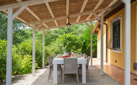 Villa Lavinia: Table, Plant, Property, Building, Shade, Porch, Outdoor Furniture, Tree, Wood, Window