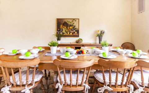 Villa Esplai: Room, Furniture, Dining Room, Table, Chair, Yellow, Interior Design, Kitchen & Dining Room Table, Building, House