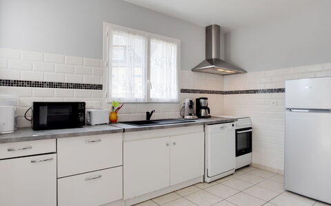 Maison de Kerfilly: Room, Kitchen, Cabinetry, White, Property, Countertop, Furniture, Interior Design, Kitchen Stove, Building