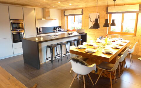 Crans-Montana 643: Room, Furniture, Property, Countertop, Building, Kitchen, Interior Design, Floor, Dining Room, Table