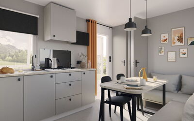 Camping la Plage 649.6: Kitchen, Countertop, Kitchen Appliance, Furniture, Cabinetry, Interior Design, Kitchen Stove, Home Appliance, Major Appliance, Home